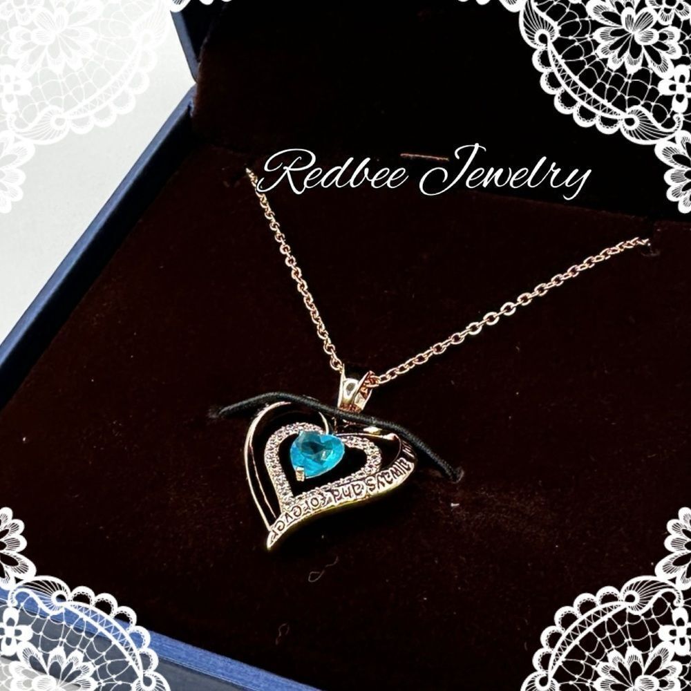 NIB Redbee 18kt GP, Rose gold over s925, "Swiss Blue Topaz" CZ heart necklace!